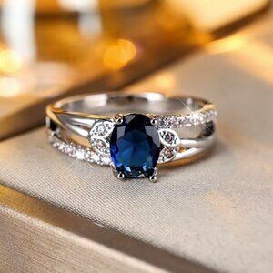 18k White Gold Blue Sapphire Diamond Ring Leaf Petal Ring